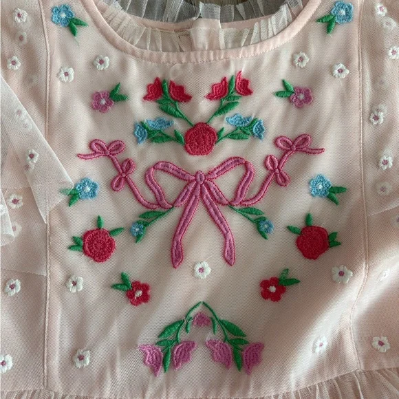 mini boden embroidered dress Boden Girls Embroidered Tulle Ruffle Dress in Blue main image 0